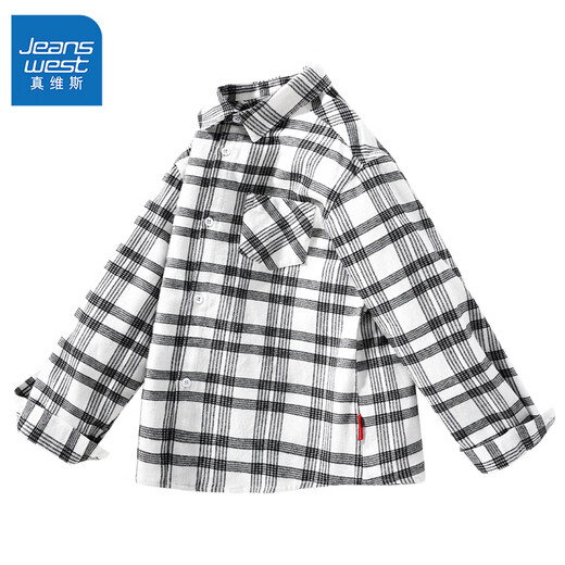 Jeanswest boys plaid shirt spring and autumn children's autumn fashion pure cotton long-sleeved medium and large children's college style autumn shirt white 110