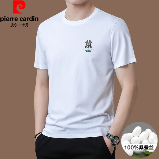 Pierre cardin high-end brand summer 2025 new high-end embroidered short-sleeved top thin round neck cool ice silk T-shirt khaki [Ti13062] L 170 [suitable for weight 120-135Jin [Jin equals 0.5 kg]]