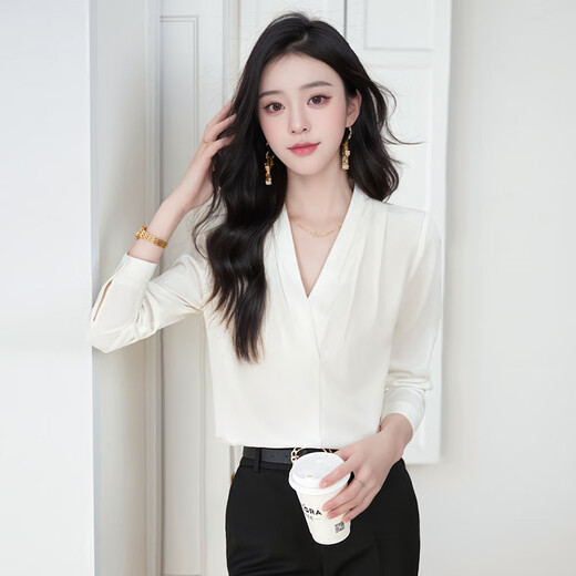 Troman white professional shirt women's long-sleeved V-neck temperament casual no-iron spring and autumn inner top slimming chiffon shirt