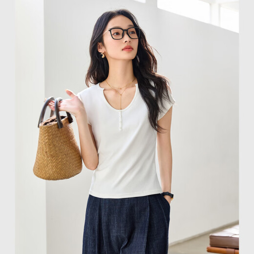 梵希蔓纯色正肩U领短袖T恤女2025年夏季新款简约百搭修身显瘦上衣 M9731 米白色 XL