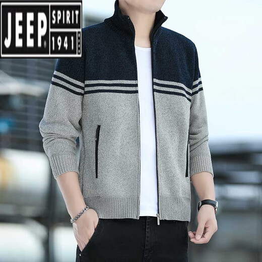吉普（JEEP）立领拉链针织开衫外套男士秋冬季加绒加厚毛衣男款休闲外搭毛线衣 8958上黑 【+绒】 M