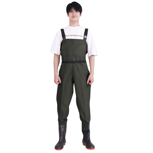 JMISI waders, half-length rain pants, wading pants, fishing suit, full-body waterproof rain pants, one-piece suspenders, thickened leather fork wading suit, size 40, military green 90 silk, upgraded and thickened