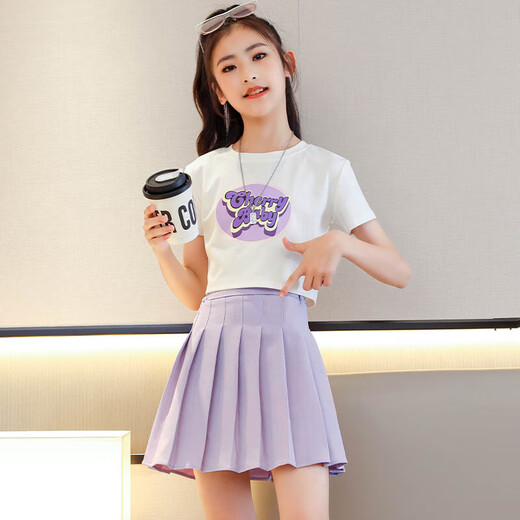 Zhao Qingyu Girls Jk Suit Femenino Estudiante College Falda Niños Falda de verano Pantalones de manga corta Traje de falda de manga corta 6-12 años 9889 Camiseta de manga corta + falda corta de color púrpura 140