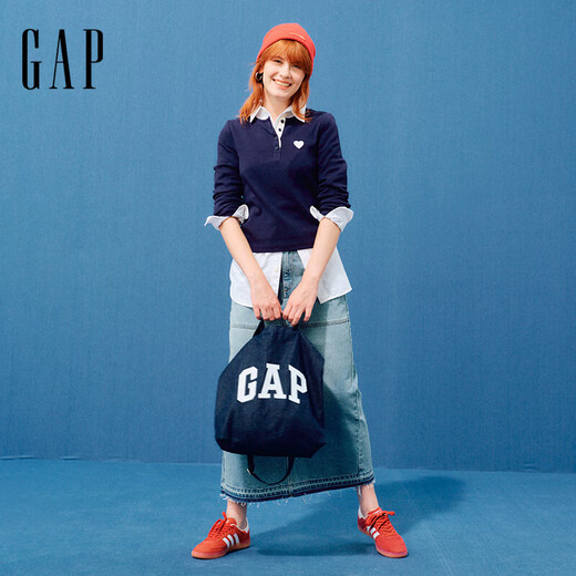 GAP women's spring love patch embroidered logo Henry collar slim long-sleeved T-shirt top 729420 navy blue M (165/84A) Asian size