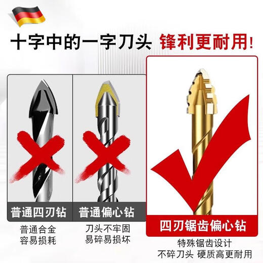 RSRDDY quality four-edged sawtooth eccentric drill bit with high hardness dry drilling full ceramic tile perforated concrete mud glass titanium-plated four-edged saw 12MM