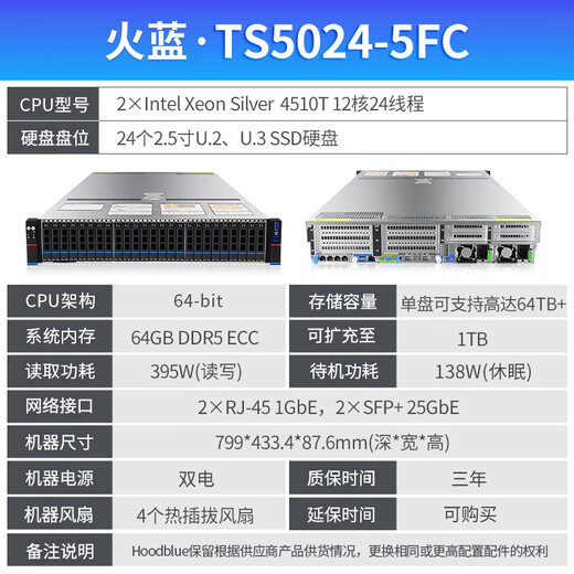 HOODBLUE TS5024-5FC All-Flash NAS Network Memory 24 bits Ai Cloud Computing Disk Array U.2 U.3 High Performance SSD Storage Server Workstation TS5024-5FC-24TB