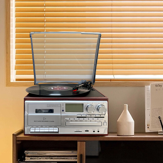 Heritage family tape player, vinyl CD all-in-one multi-functional antique tape player, vinyl record player, retro gramophone, Bluetooth audio, home living room ornaments, vinyl tape all-in-one machine, mahogany color (silver panel)