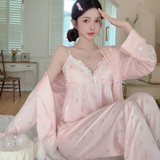 依曼安2025花瓣睡衣女冰丝胸垫新款吊带开衫四件套家居服套装春秋可外穿 1278 蓝色 【四件套】 M （80-100）斤