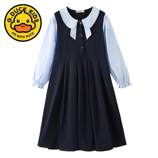 G.duck parent-child wear girls color block dress college style princess dress 2024 autumn over-the-knee skirt western style big children's wear navy blue 140 cm