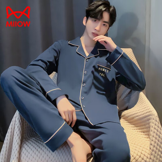 Catman (MiiOW) double-sided pure cotton pajamas for men long-sleeved spring, autumn and winter large-size men's comfortable large-size youth and middle-aged summer home clothing 3291HOMES L (110-135Jin [Jin equals 0.5 kg])