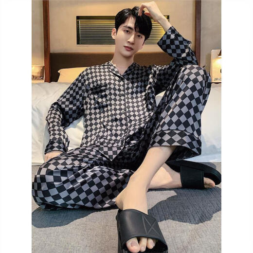 GPHF japonais Luxury Luxury Men's Pyjamas Été Ice Silk Silk à manches longues Convient pour hommes 2025 Nouveaux vêtements à domicile haut de gamme 6627 Gris Rice Dumplings L (100-125Jin [Jin est égal à 0,5 kg]))