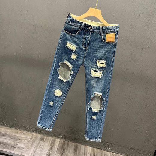 NANBOWAN SUMBRE Large Jeans Ripped Brand Men's Trendy Brand Pantalon Nine Point Version à la mode mince Pantalon Stretch Foot 9737 Bleu 28