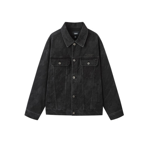 森马（Semir）森柔牛仔|夹克男复古牛仔外套春季时尚绣花工装宽松翻领上衣 牛仔水洗黑98201 L