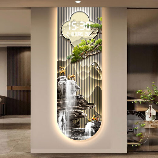 
Raft core perpetual calendar electronic display screen welcomes pine living room 2024 wall clock digital display intelligent clock entrance decoration 15122 (Shanshui Fulu-B) 50*150cm regular painting without lamp model [digital display + power bank model]