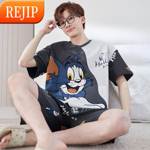 REJIP男士睡衣短袖春夏天季薄款卡通青少年可外穿男款加大码家居服套装 6621 2XL 160-180斤