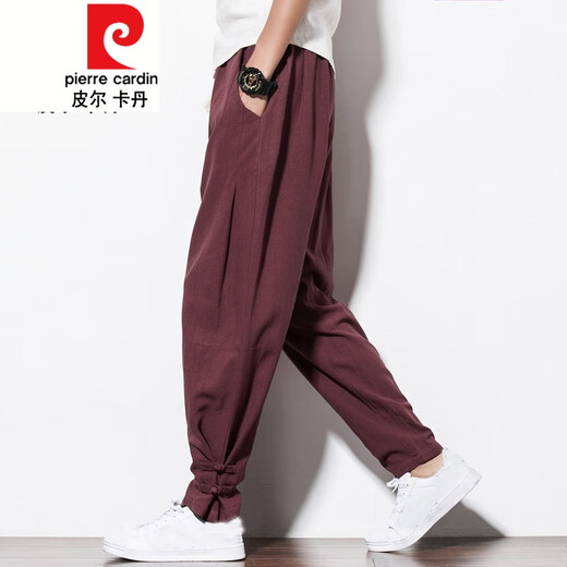 皮尔卡丹 中国风亚麻男裤子春夏季宽松大码男装唐装棉麻哈伦裤束脚灯笼裤 酒红色 M