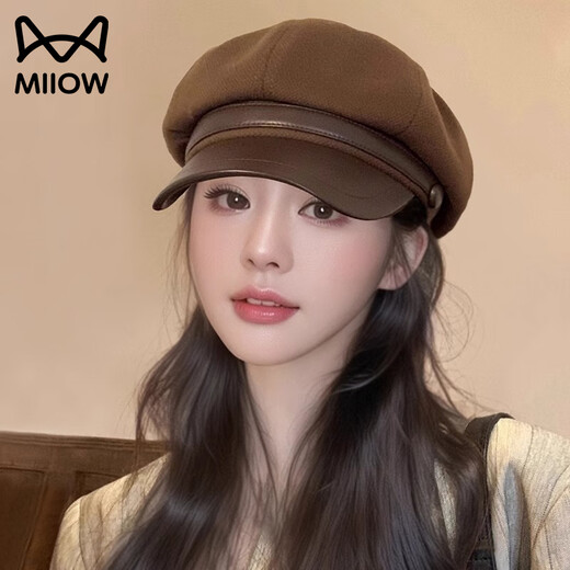 Catman high-end Maillard beret women's new spring and autumn duck bill octagonal hat showing face small versatile painter hat coffee color one size (56-59CM)