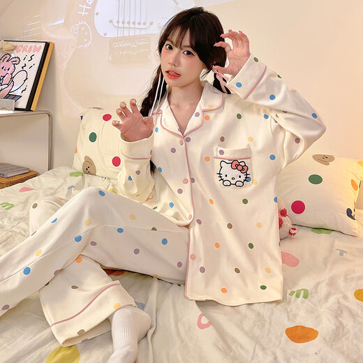 Mobehai -Pyjama für Frauen im Frühling und Herbst lange Ärmel Süßes und süßes 2025 neuer Home -Kleidung Sommeranzug für Outdoor -Kleidung 6173 Lapel Tupfen Katze M.