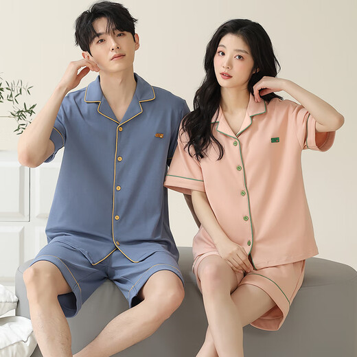 
LangSha couple pajamas summer short-sleeved shorts simple cardigan can be worn outside for men and women's cotton home clothes summer X12706-12806 2XL men's style