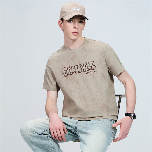 Mark Huafei [7A Antibakteriell + 2a Anti-Mititen] Rundes T-Shirt mit kurzer Ärmel für Männer 25 Frühlings- und Sommer-Coton-Fashion-Cartoon vollgedrucktes T-Shirt 701 Khaki 2xl