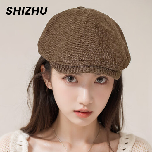 Shizhu Hat Women's Autumn and Winter Beret 2025 New Face Revealing Small Reverse Wearing Forward Hat Duck Tongue Retro Hat Newsboy Hat Brown Double-layered Brim High Quality