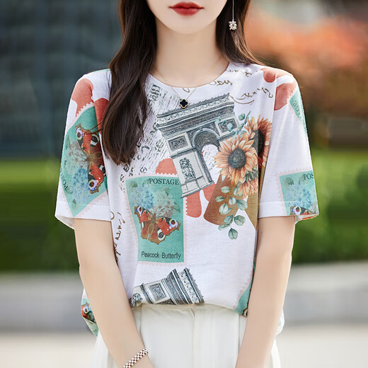 HMRSV Mulberry Seide Kurzärärmelte T-Shirt für Frauen im Jahr 2025 Sommer Neues lässiges und modisches Design Cooles Gefühl MA Family Printed Trendy Castle Print 832 XL