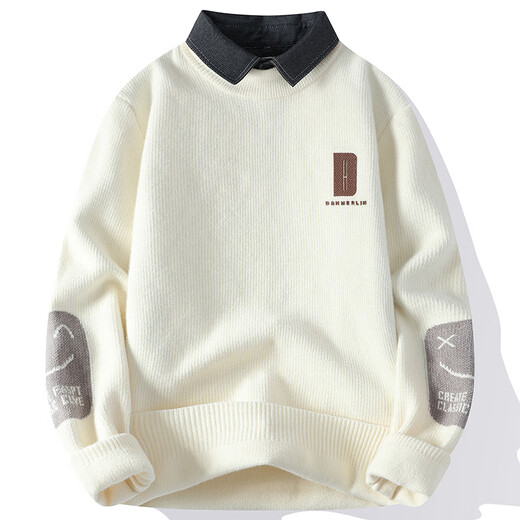 
Dragon Peach Shirt Collar Sweater Men's Autumn and Winter Style Plus Fleece Thickened Fake Two-Piece Sweater Men's Loose Casual Inner Woman M9901 Khaki 2XL