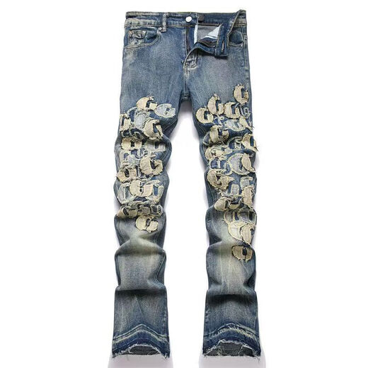 Fadenjue Emil Slim Fit Herren-Jeansbrief Ripped Sticky Leder Patch Slim Fit [hohe Qualität] M724 L 105-125jin [Jin entspricht 0,5 kg]