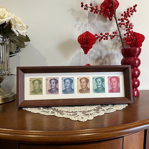 Listening to the money and looking at the photo frame, RMB Mao Zedong photo frame, six-frame coin, one hundred yuan painting photo frame, collection coin desktop setting, bright coffee color, portrait style, 37*10.5*2.5cm