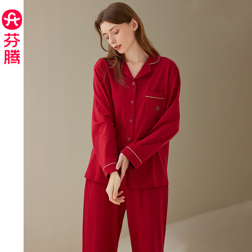 Fenten Couple Pajamas Spring and Autumn Pure Cotton Women's Red Wedding Zodiac Year Cotton Home Clothes Set Maroon M
