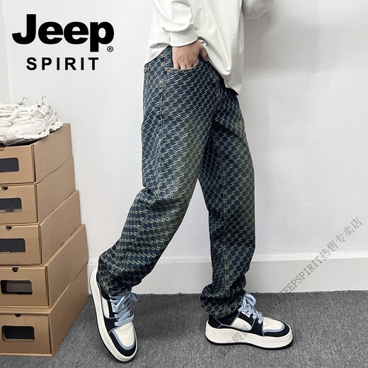 JEEP SPIRIT European and American fashion brand pants men's handsome full print embroidered straight jeans American high street trousers blue four-season style 9226 regular 31 130-140Jin [Jin equals 0.5 kg]