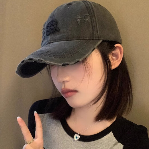 Junyao Hat Women's and Men's Baseball Cap Big Head Cap Women's Fashion Simple Casual Face Showing Small Four Seasons Women's Hat Broken KO Letter Baseball Cap Black Gray