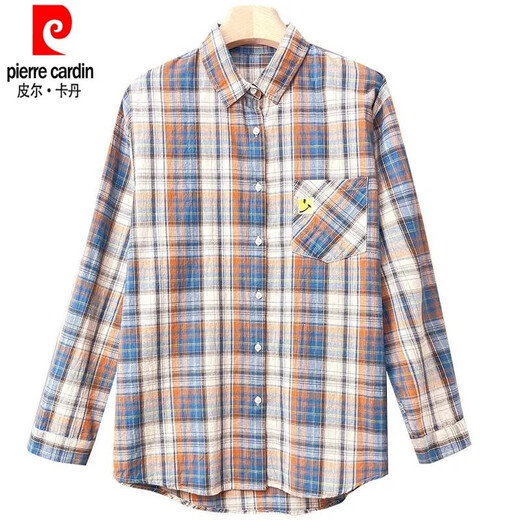 Pierre Cardin pure cotton plaid shirt for women spring and autumn new 2025 fashion shirt early spring style long-sleeved thin shirt top blue XL recommended 115-135 Jin Jin equals 0.5 kg