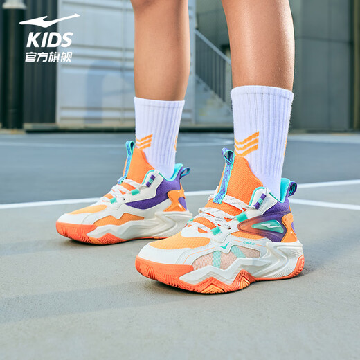 Hongxing Erke (ERKE) children's shoes children's basketball shoes spring men's and large children's strap cushioning sneakers microcrystalline white/beeswax orange 36