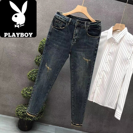 花花公子（PLAYBOY）复古做旧破洞牛仔裤男潮牌痞帅修身小脚弹力九分裤2025夏季男裤子 JBC#K761高质量 30