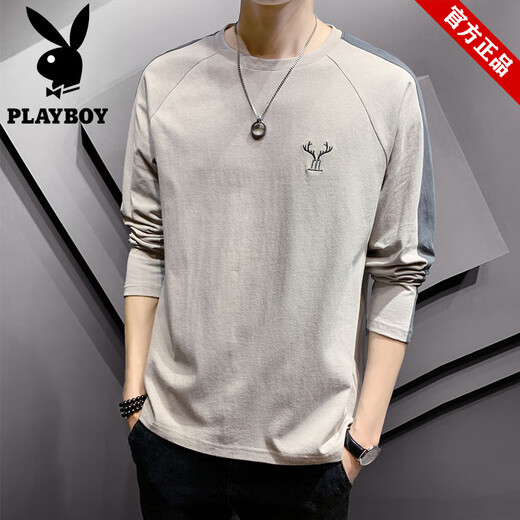 花花公子（PLAYBOY）品牌纯棉长袖t恤男装春夏季宽松刺绣打底衫上衣男款潮牌圆领卫衣 692杏色+692灰色【共2件】 2XL (约140-155斤可穿)