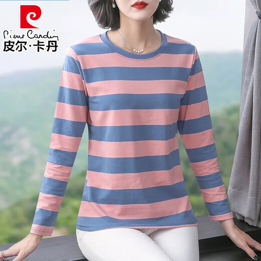 Pierre Cardin Loose Lose Long Ärmel-T-Shirt für Frauen 2025 Frühling und Herbst Neues modisches inneres Basishemd sowie vielseitiges Frühspring-T-Shirt Top für Frauen 6623 Gelb [Big Stripes l Vorschlag [105-120jin [Jin gleich 0,5 kg]