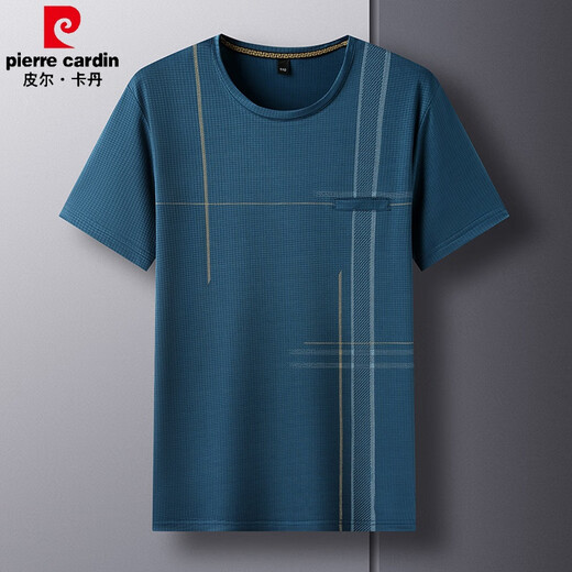 Pierre cardin summer men's round neck striped short-sleeved T-shirt pocket loose casual top new half-sleeved middle-aged dad men's clothing TC-short-sleeved-691 navy blue 4XL 190/195-210Jin[Jin equals 0.5 kg]