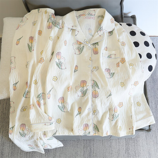 Cat Man Cute Tulip Rabbit Pajama Girl Spring y Autumn delgada Algodón Pure Algodón Manga larga Summer Home Ropa 826# Black Rose# mangas largas + pantalones recomendados 100-120Jin [Jin equivale a 0.5 kg] l