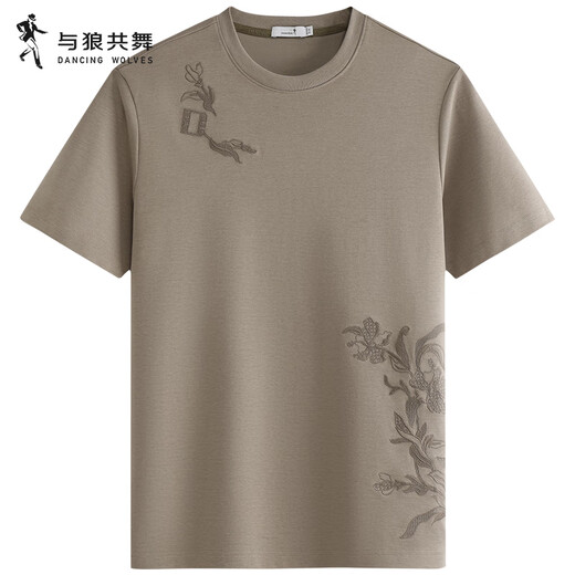与狼共舞【花卉刺绣】圆领短袖T恤男士2025夏季新款休闲百搭青年上衣6059 卡其701 L (175)
