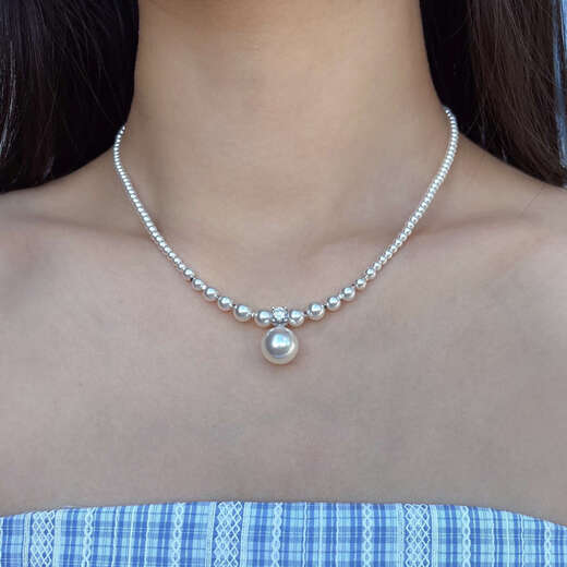 Shilian Austrian Shijia Zhengyuan High-Light Pearl S925 Sterling Silver Gradient Necklace Niche Design High-end Clavicle Chain Shijia White Pearl 3mm Pendant 10mm Gradient Broken Silver