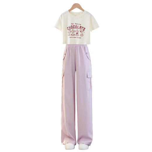 Ove Girls Summer Set 2025 Neue modische Kinder im Internet Promi Summer Style Junior High School Schülern große Kinder Sommer Kurzarm Zweiköpfig Set 15029 Lila + 9889 White 120 120 cm
