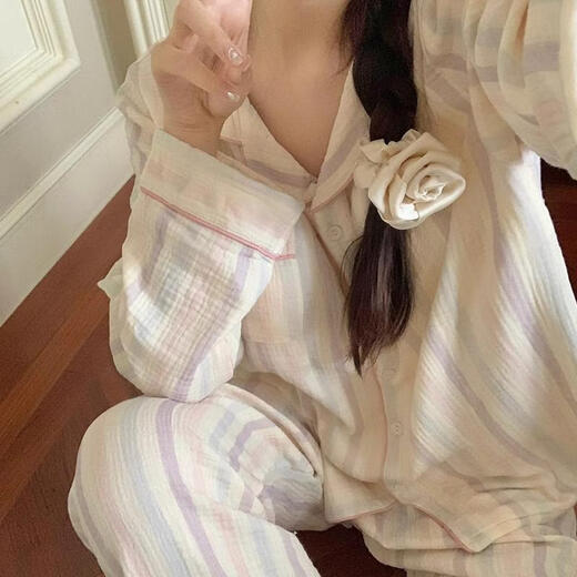 猫人（MiiOW）纯棉纱布睡衣女春秋季长袖棉绸甜美油画感条纹休闲云朵棉家居服套 QMS长袖开衫-9902彩虹条纹 80-100斤 M
