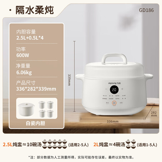 Joyoung electric stew pot, electric stew pot, water-proof stew pot, porridge and soup pot, household multifunctional pot, baby food supplement pot 4.5L white porcelain liner bird's nest cup GD186