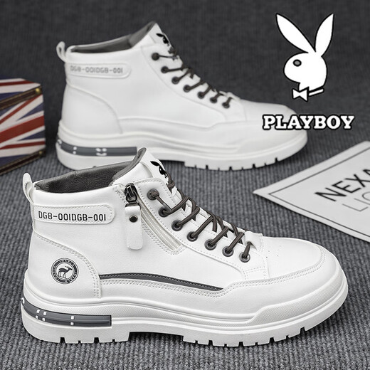 Playboy (PLAYBOY) men's shoes high top spring and summer new 2025 casual retro thick sole height-enhancing breathable trendy leather shoes men's Martin boots white gray 844 39