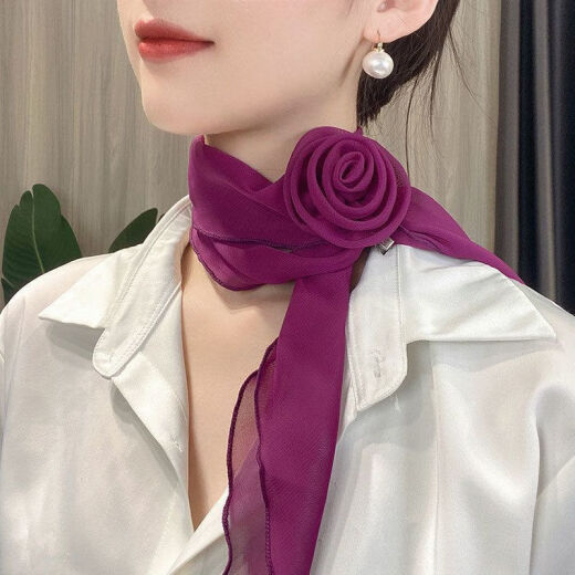 慕枫晴纯色玫瑰花朵薄丝巾气质时尚百搭女春秋网红洋气女士夏季in 米白色领花