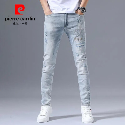 皮尔卡丹（pierre cardin）春秋季弹力牛仔裤男士破洞刺绣2025潮流修身小脚浅色百搭长裤子 浅蓝色3890皇冠破洞裤 30 【建议110-125斤】