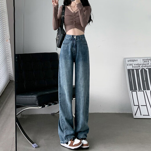 Sekong 2025 Herbst und Winter neuer Stil Dicked High Taille Draped Casual Weit-Bein-Jeans für Frauen plus Samt warme Hosen HNF 683 Retro Blue M.