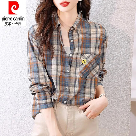 Pierre Cardin pure cotton plaid shirt for women spring and autumn new 2025 fashion shirt early spring style long-sleeved thin shirt top blue XL recommended 115-135 Jin Jin equals 0.5 kg