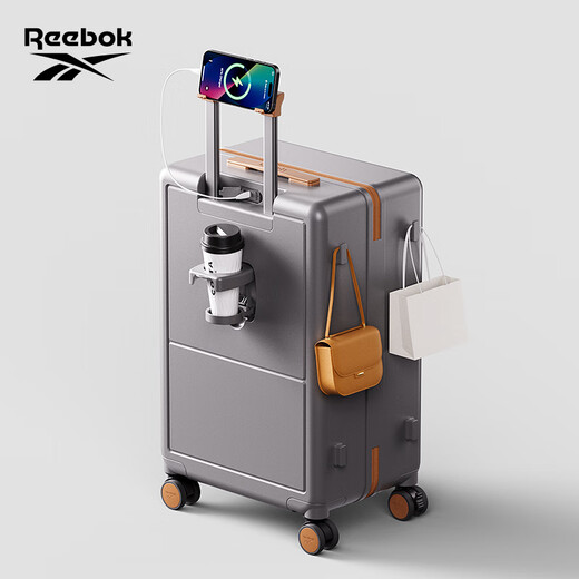 Reebok sharp walking suitcase PC trolley case multi-functional large capacity travel password case leather case English gray brown 24 inches